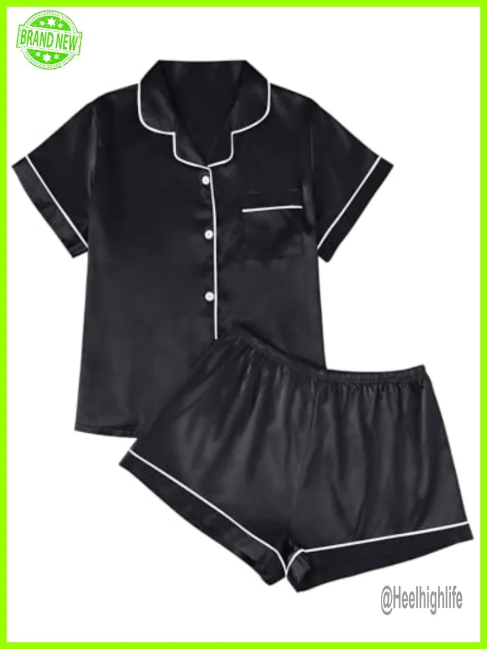 Silk Satin Pajama Set 2 Piece Lounge Pjs Button Down Shirt Shorts